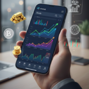 Mobitel s prikazom grafikona dionica i ikona za zlato i bitcoin.