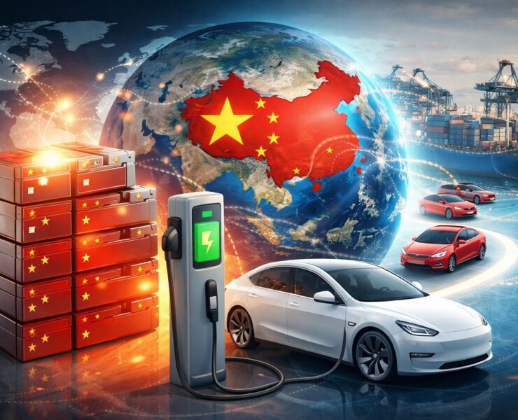 Digitalna ilustracija električnog automobila na punjaču ispred globusa s istaknutom kartom Kine i hrpom baterija sa strane.