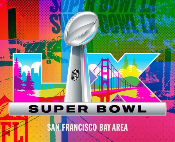 Službeni logo Super Bowla LX (60) s crvenim i zlatnim rimskim brojkama, stiliziranim prikazom mosta Golden Gate i Levi's Stadiuma u Santa Clari, Kalifornija.